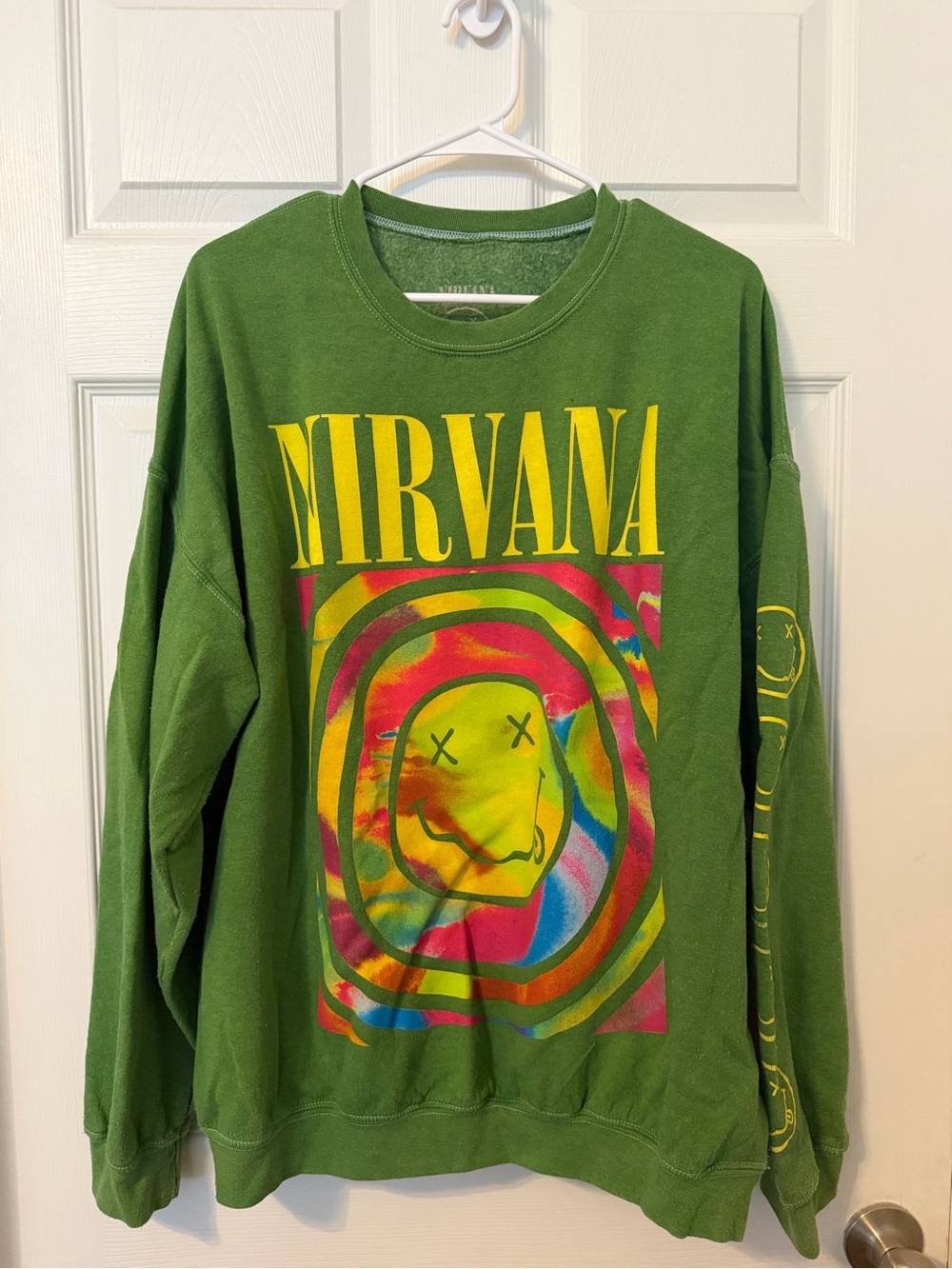 NIRVANA Green Tie-Dye Smiley Crewneck Sweatshirt